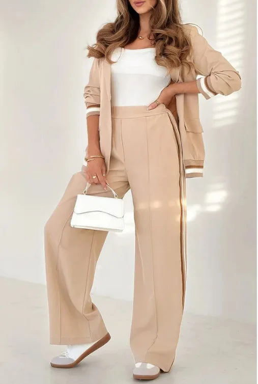 Women's Elegant Patchwork Two-Piece Set – Button Coat & High-Waist Wide-Leg Pants with Pockets