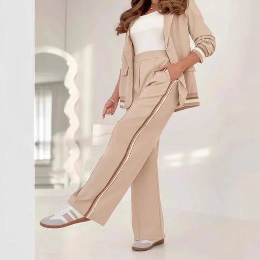 Women's Elegant Patchwork Two-Piece Set – Button Coat & High-Waist Wide-Leg Pants with Pockets