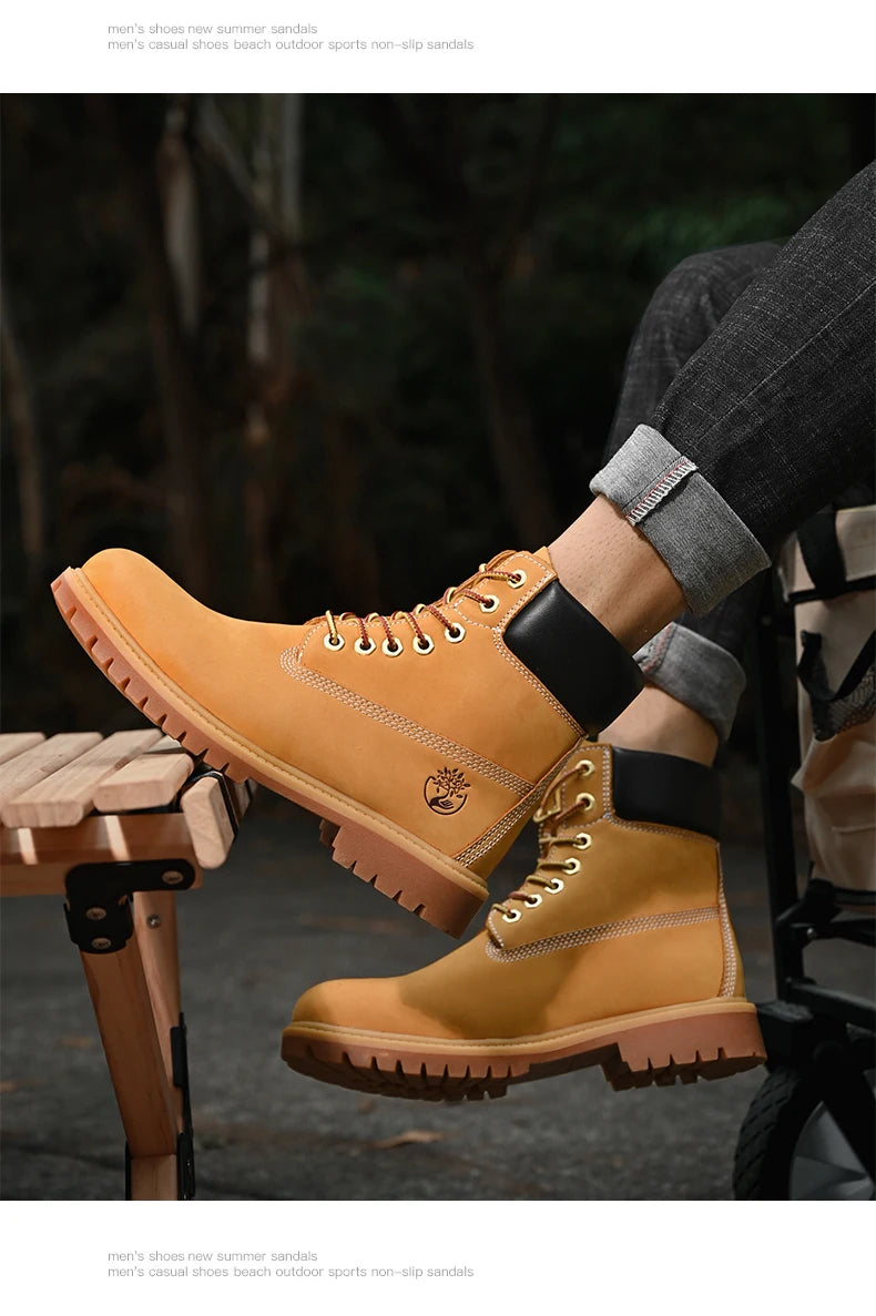 Men’s High Top Leather Boots – Winter Plush Warm Ankle Shoes, Outdoor Non-Slip Lace-Up Sneakers