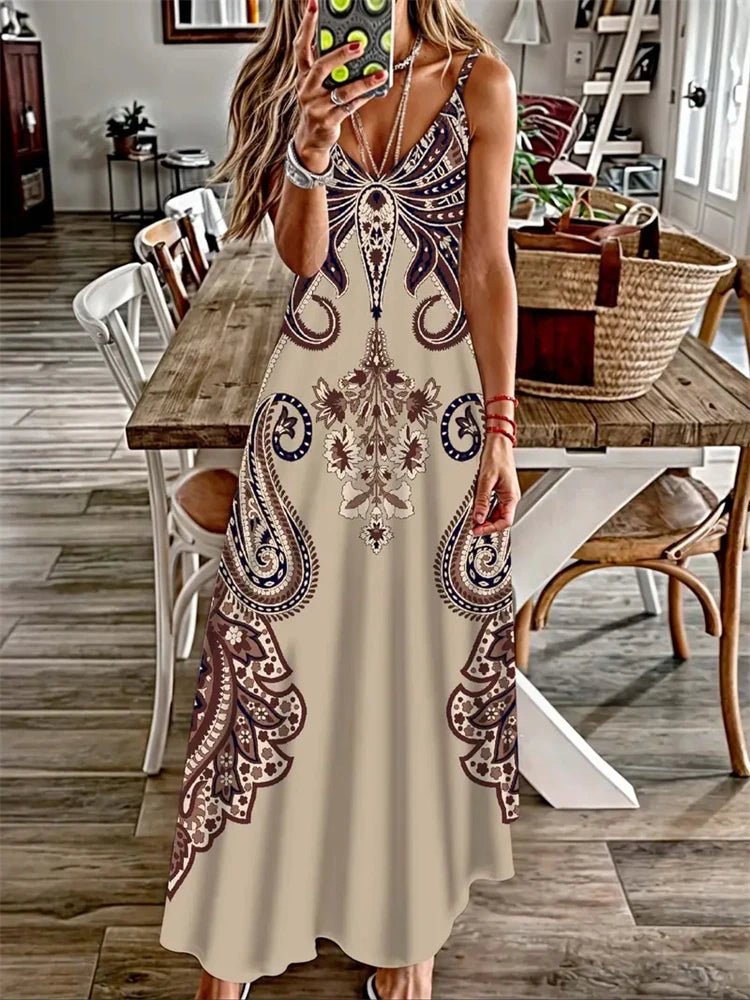 Women's Elegant Vintage Dreamcatcher Print Sleeveless Summer Halter Dress – 2025 Collection