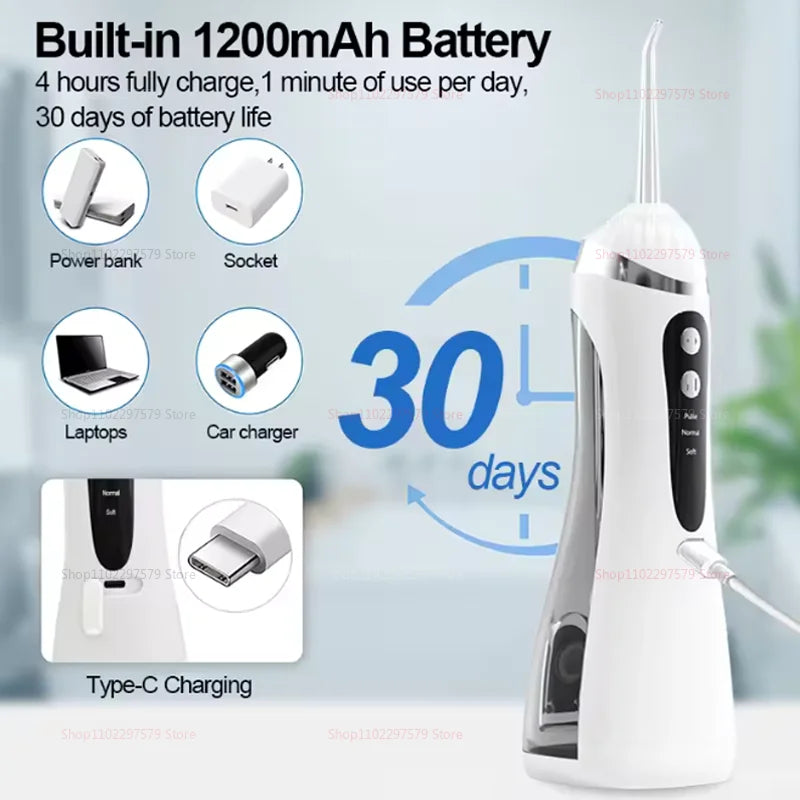 IPX7 Waterproof Rechargeable Electric Tooth Cleaner | High Pressure Pulse Oral Irrigator with 4 Nozzles & 3 Cleaning Modes