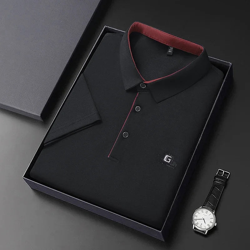 Men's Business Casual Polo Shirt – Short Sleeve Solid Colour with Badge