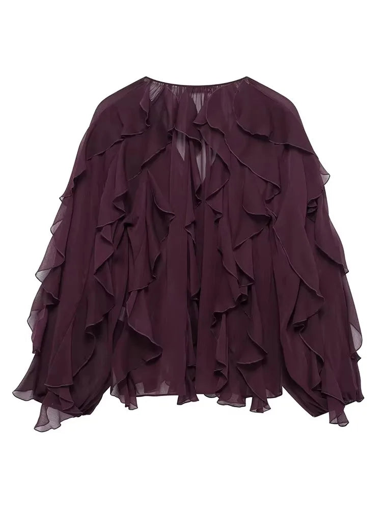 Women’s Translucent Ruffle Blouse | 2025 New Fashion V-Neck Buttoned Tiered Casual Beach Top