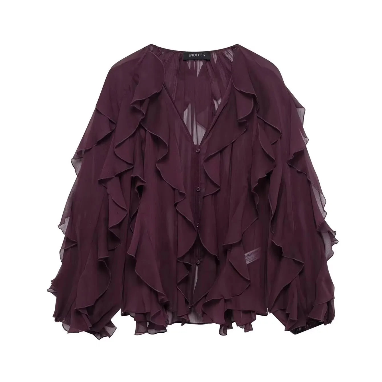 Women’s Translucent Ruffle Blouse | 2025 New Fashion V-Neck Buttoned Tiered Casual Beach Top