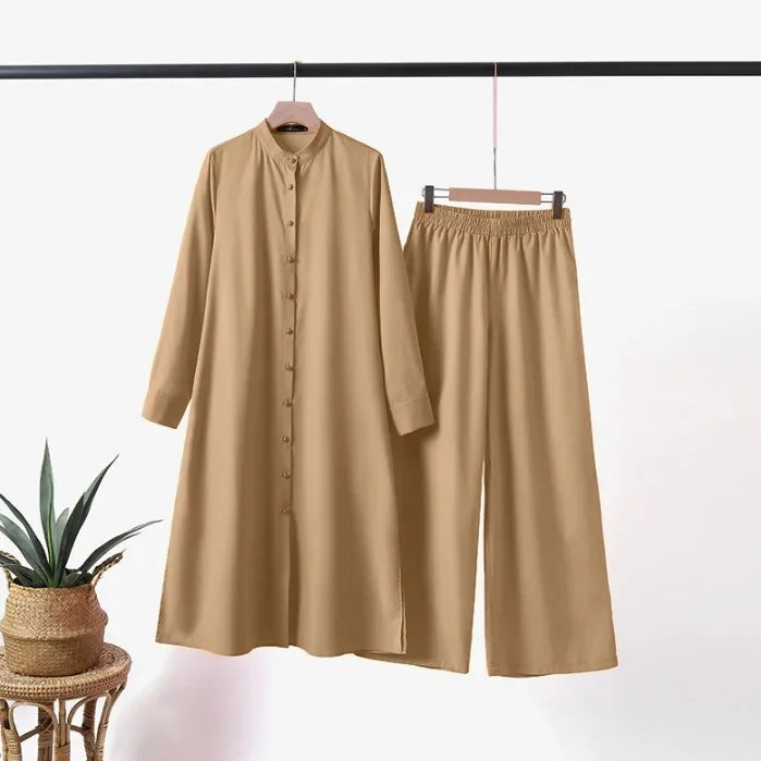 Ensemble Modest Women’s Long Coat & Wide Leg Pants Suit – Morocco Style Muslim 2-Piece Casual Kimono Arabic Outfit