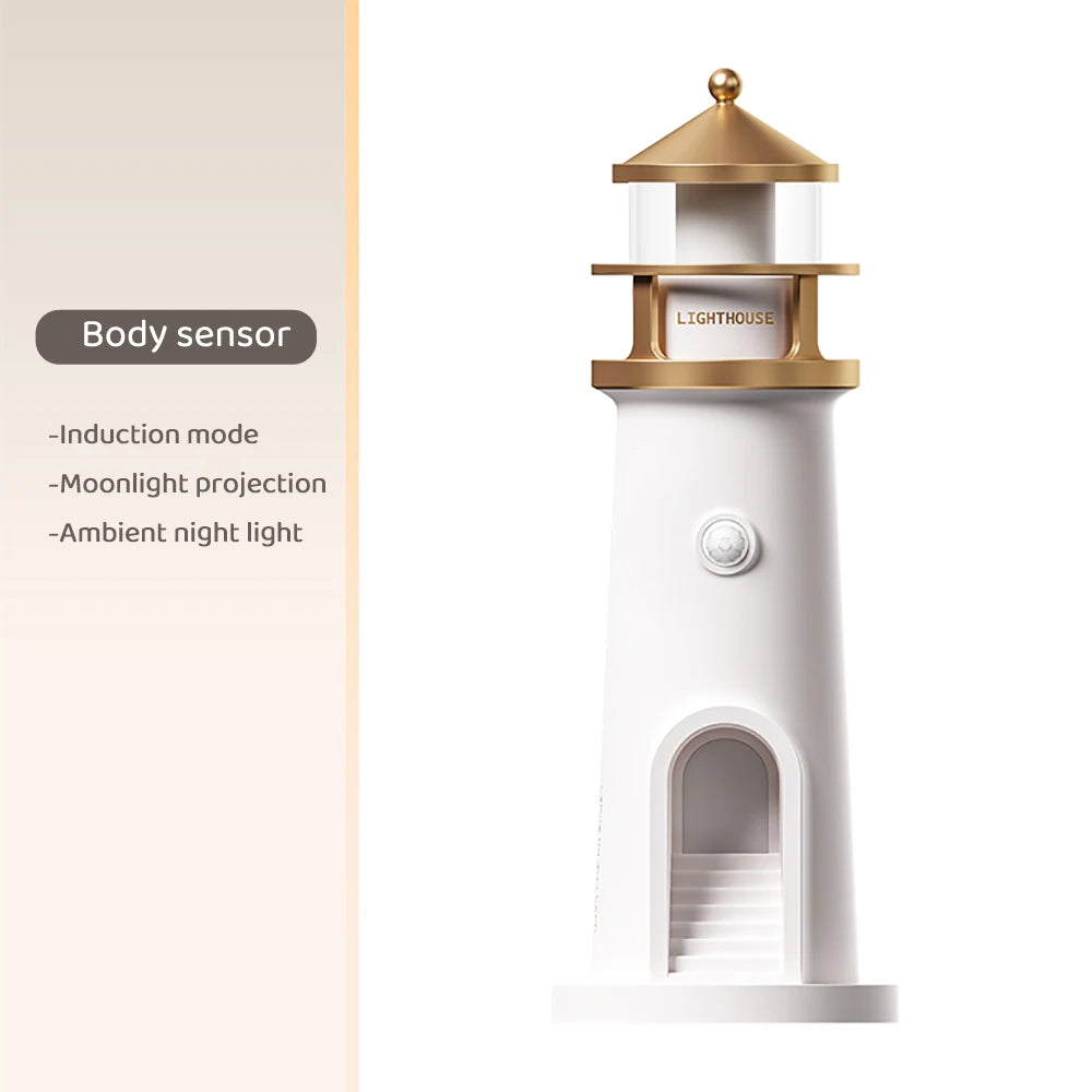 Moon Projection Lighthouse Night Light – Motion Sensor, Dimmable Ambient Lamp with Bluetooth Music, Timer Function – Transparent Version Gift for Christmas & Birthdays