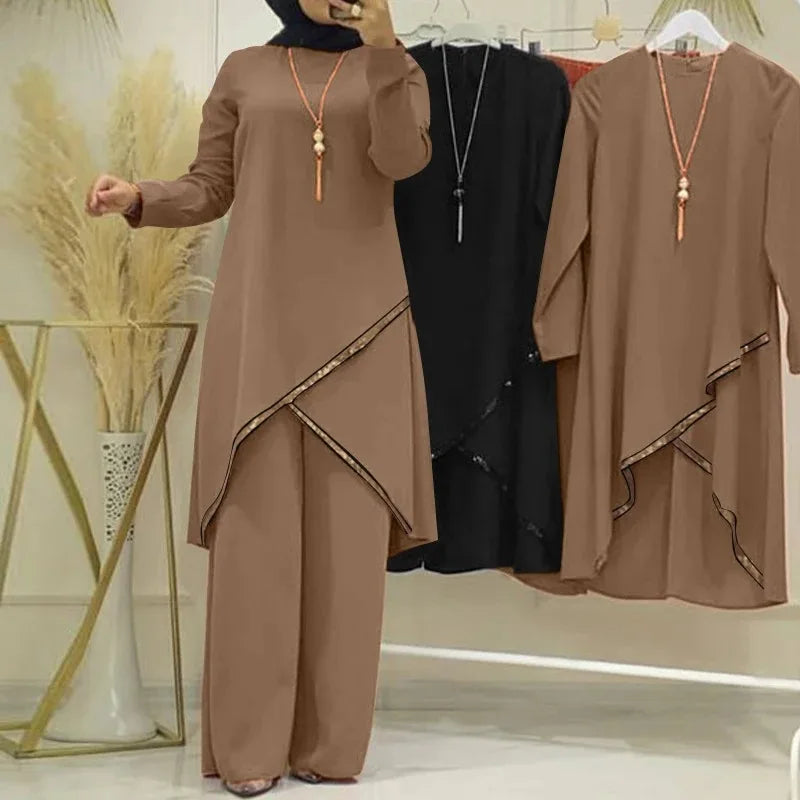 Moroccan Stylish Women’s Ensemble | Trending Two-Piece Muslim Set | Solid Blouse & Wide-Leg Pants Kaftan