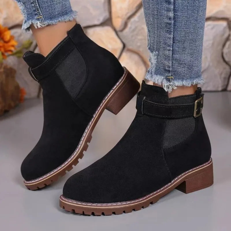 Autumn Winter Women’s Mid Heel Boots – Elegant Round Toe, Square Heel, Versatile Fashion Shoes