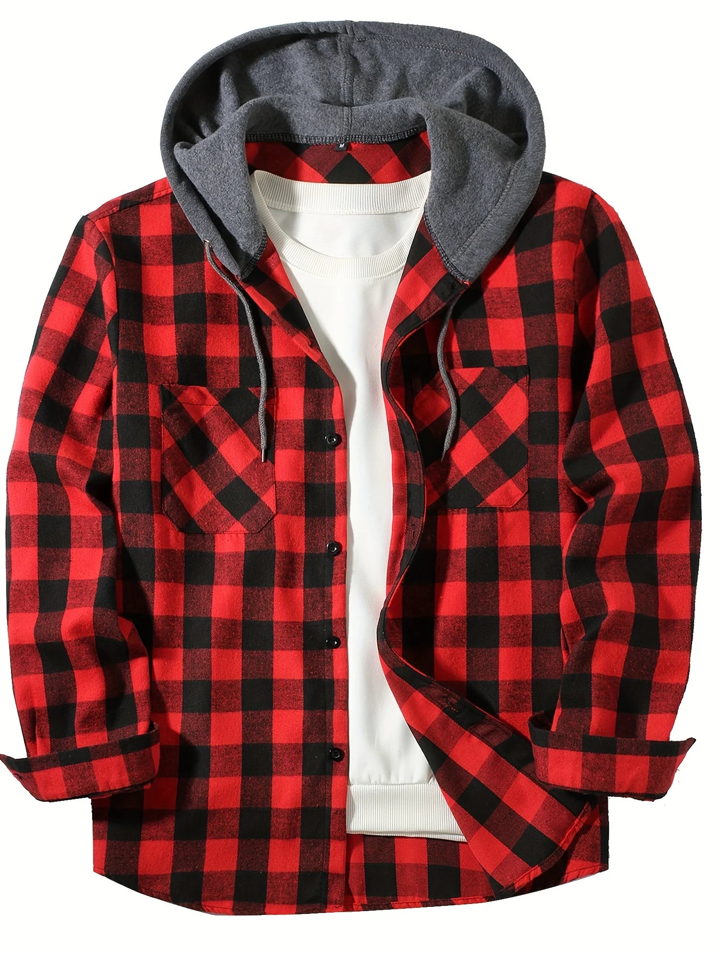 Men’s Classic Plaid Flannel Shirt Jacket with Hood, Long Sleeve Casual Button-Down Double Pockets – Autumn Tops