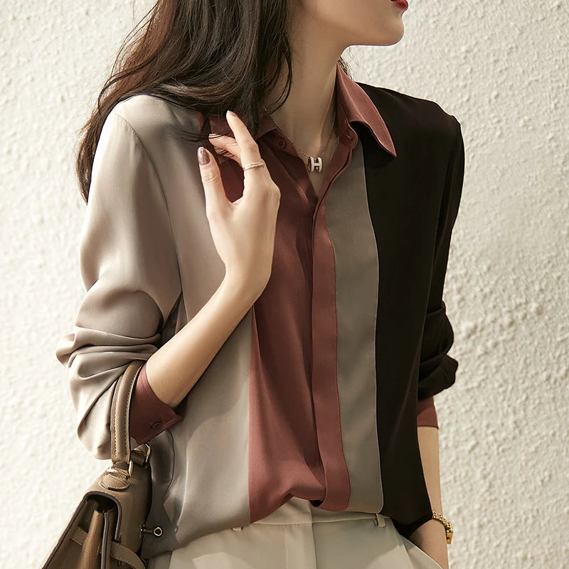 Spring Vintage Satin Women’s Blouse – Long Sleeve Polo Collar Button Shirt, Elegant Casual Loose Top