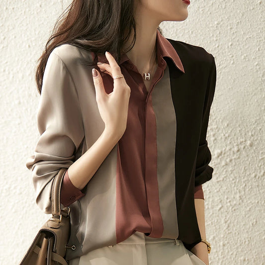 Spring Vintage Satin Women’s Blouse – Long Sleeve Polo Collar Button Shirt, Elegant Casual Loose Top