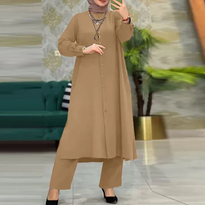Ensemble Modest Women’s Long Coat & Wide Leg Pants Suit – Morocco Style Muslim 2-Piece Casual Kimono Arabic Outfit