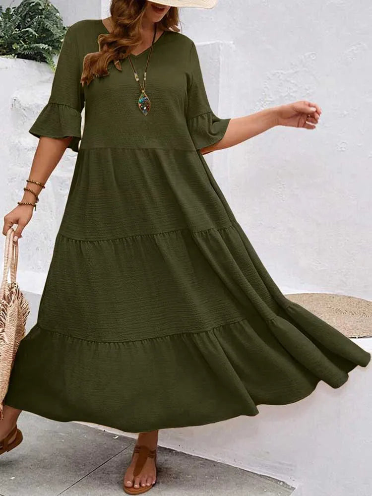 Plus Size Solid Color Bohemian Maxi Dress – Elegant Summer Fit and Flare
