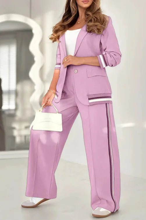 Women's Elegant Patchwork Two-Piece Set – Button Coat & High-Waist Wide-Leg Pants with Pockets