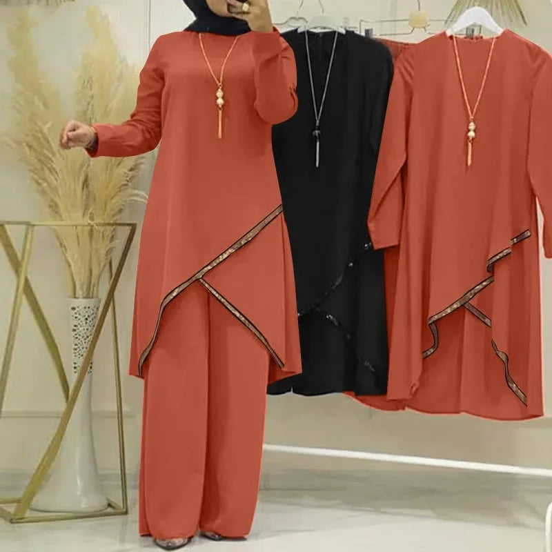 Moroccan Stylish Women’s Ensemble | Trending Two-Piece Muslim Set | Solid Blouse & Wide-Leg Pants Kaftan
