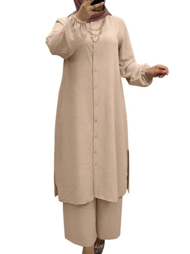 Arabic Stylish Women’s 2-Piece Outfit | Shirt Blouse & Wide-Leg Pants Set | Casual & Office Wear Kaftan Ensemble | New Arrival