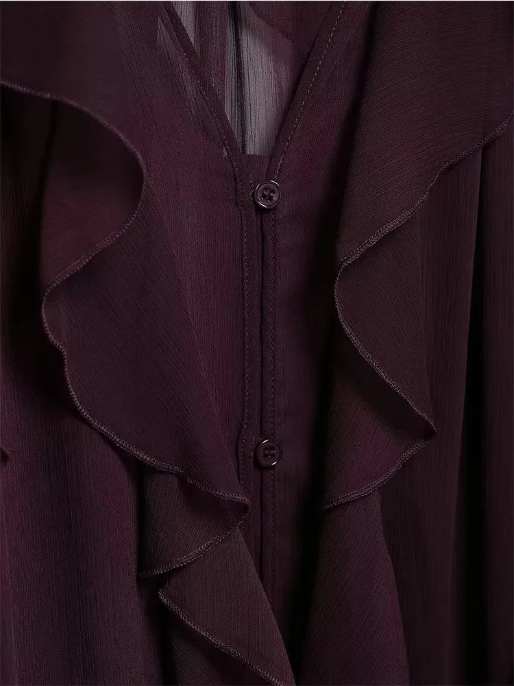 Women’s Translucent Ruffle Blouse | 2025 New Fashion V-Neck Buttoned Tiered Casual Beach Top