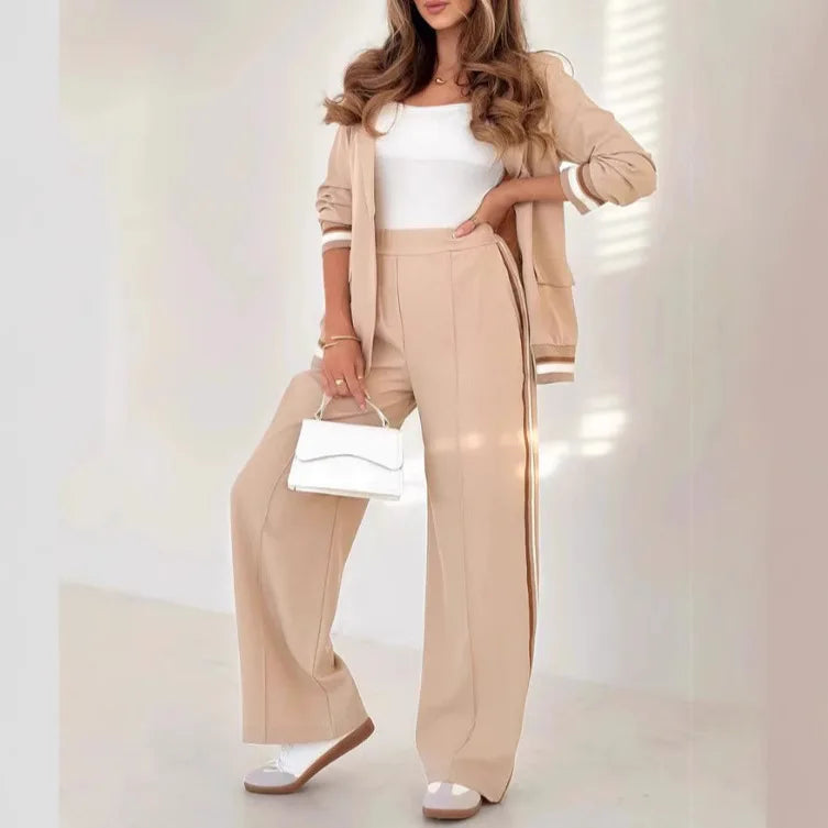 Women's Elegant Patchwork Two-Piece Set – Button Coat & High-Waist Wide-Leg Pants with Pockets