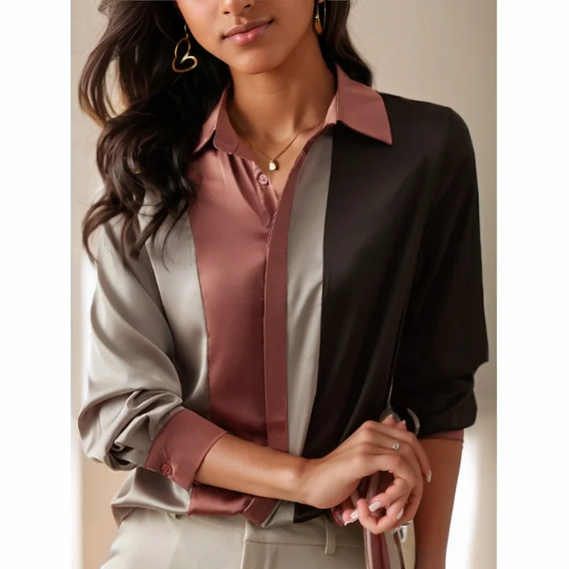 Spring Vintage Satin Women’s Blouse – Long Sleeve Polo Collar Button Shirt, Elegant Casual Loose Top