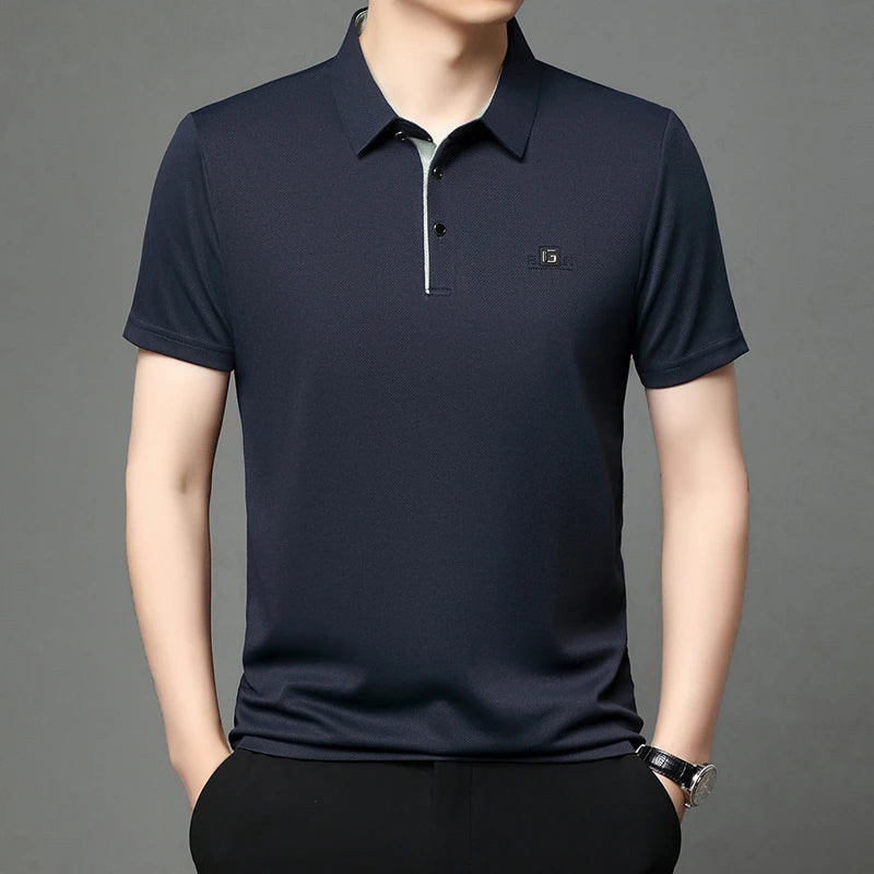 Men's Business Casual Polo Shirt – Short Sleeve Solid Colour with Badge