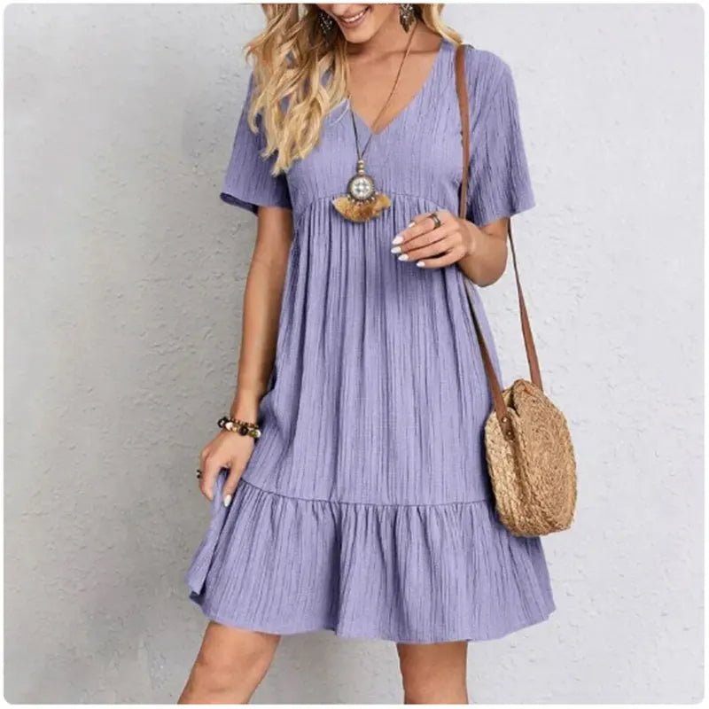 Women's Peplum V-Neck Summer Dress – Short Sleeve Loose Waist Ruffle Fit & Flare Vocation Style