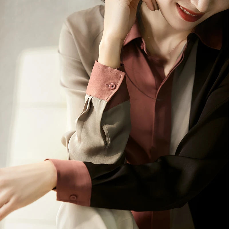 Spring Vintage Satin Women’s Blouse – Long Sleeve Polo Collar Button Shirt, Elegant Casual Loose Top