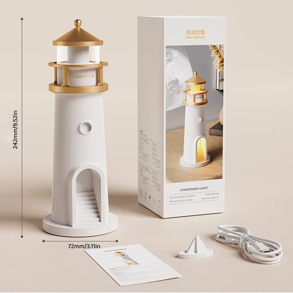 Moon Projection Lighthouse Night Light – Motion Sensor, Dimmable Ambient Lamp with Bluetooth Music, Timer Function – Transparent Version Gift for Christmas & Birthdays