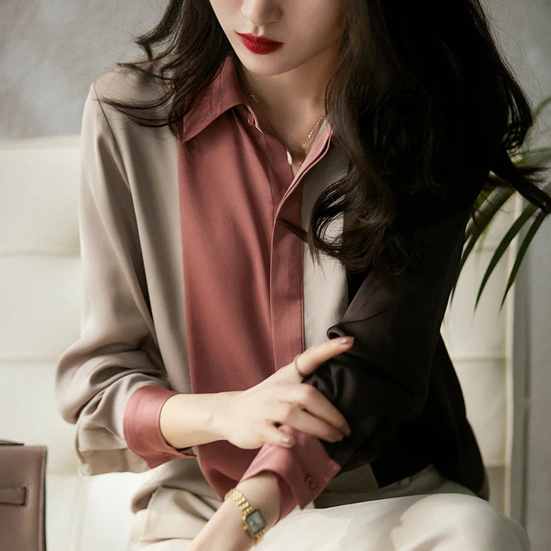 Spring Vintage Satin Women’s Blouse – Long Sleeve Polo Collar Button Shirt, Elegant Casual Loose Top