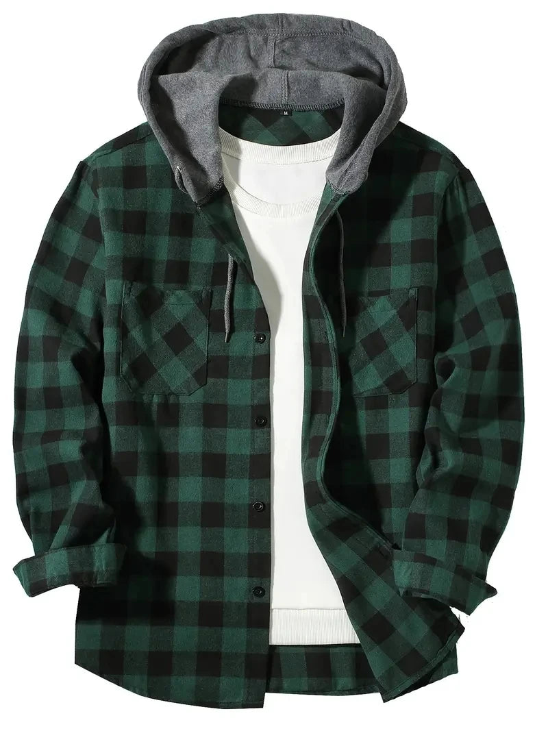 Men’s Classic Plaid Flannel Shirt Jacket with Hood, Long Sleeve Casual Button-Down Double Pockets – Autumn Tops