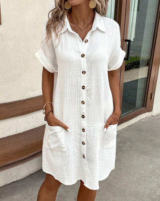 Vintage Women Solid Mini Dress – Summer Fashion V-neck Three-Quarter Sleeve Cotton Linen Dress