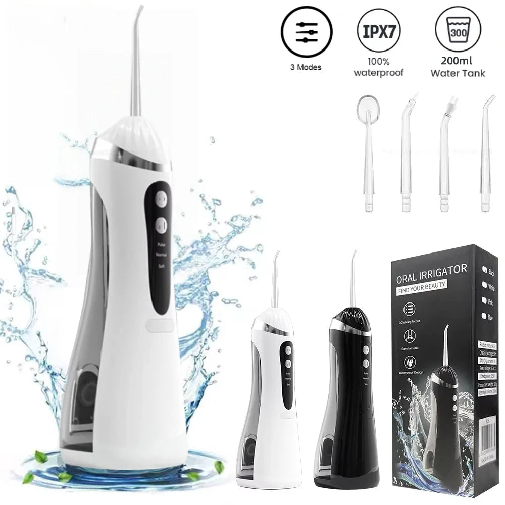 IPX7 Waterproof Rechargeable Electric Tooth Cleaner | High Pressure Pulse Oral Irrigator with 4 Nozzles & 3 Cleaning Modes