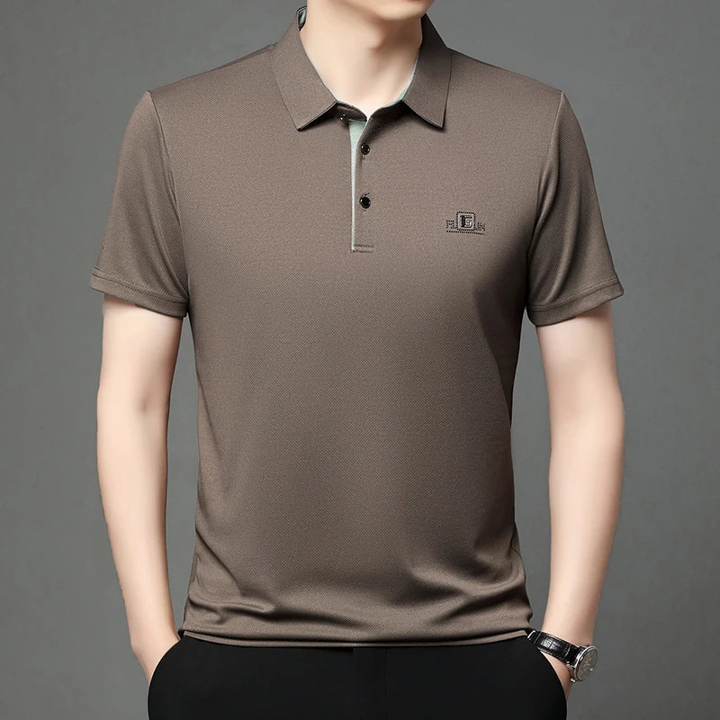 Men's Business Casual Polo Shirt – Short Sleeve Solid Colour with Badge