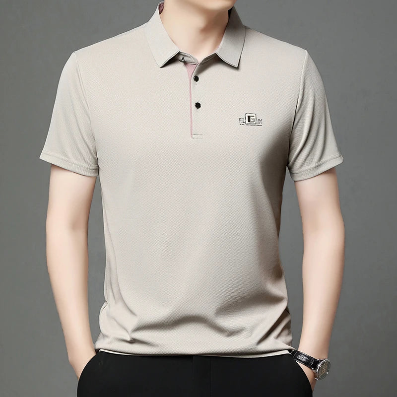 Men's Business Casual Polo Shirt – Short Sleeve Solid Colour with Badge