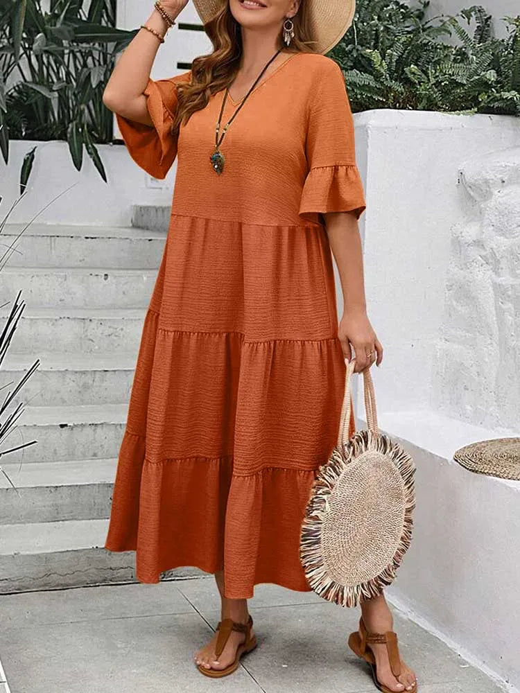 Plus Size Solid Color Bohemian Maxi Dress – Elegant Summer Fit and Flare