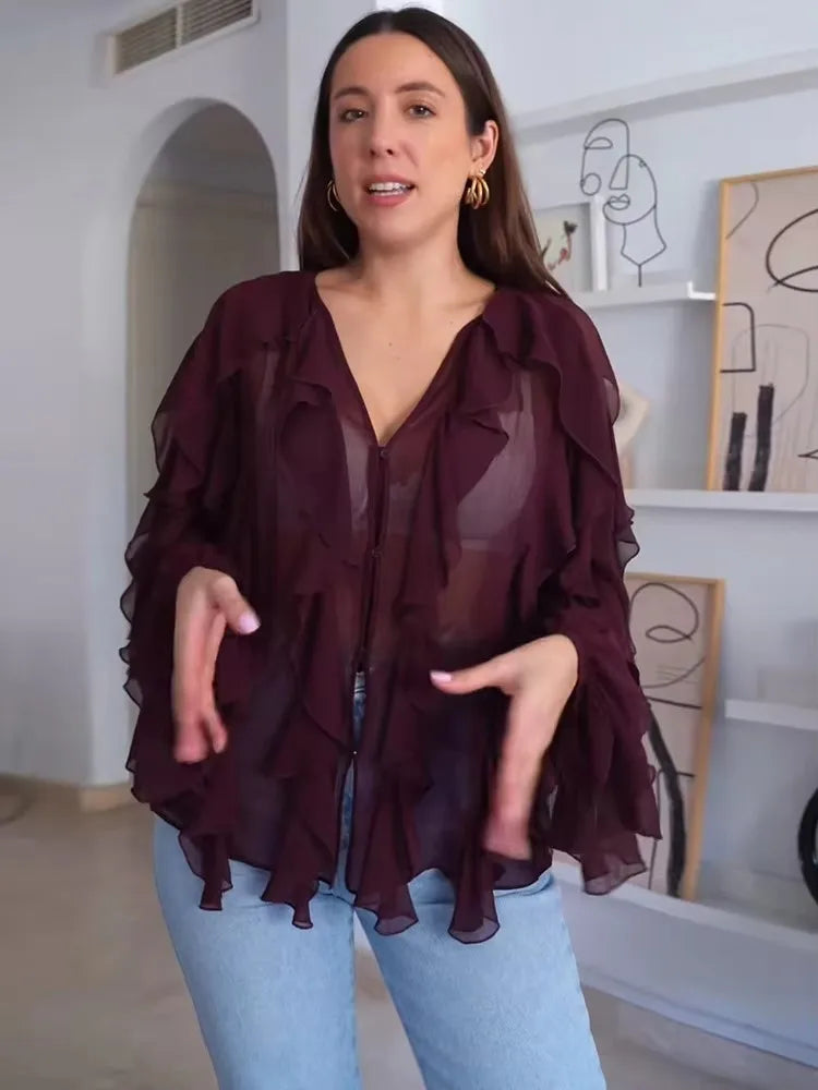 Women’s Translucent Ruffle Blouse | 2025 New Fashion V-Neck Buttoned Tiered Casual Beach Top