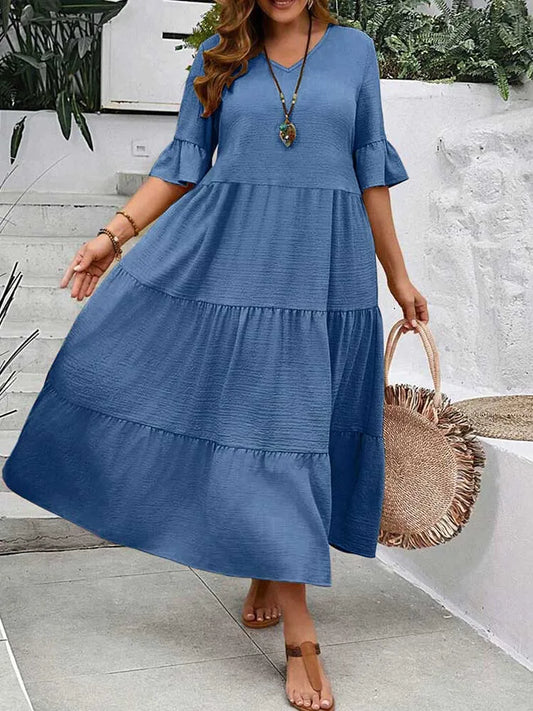 Plus Size Solid Color Bohemian Maxi Dress – Elegant Summer Fit and Flare