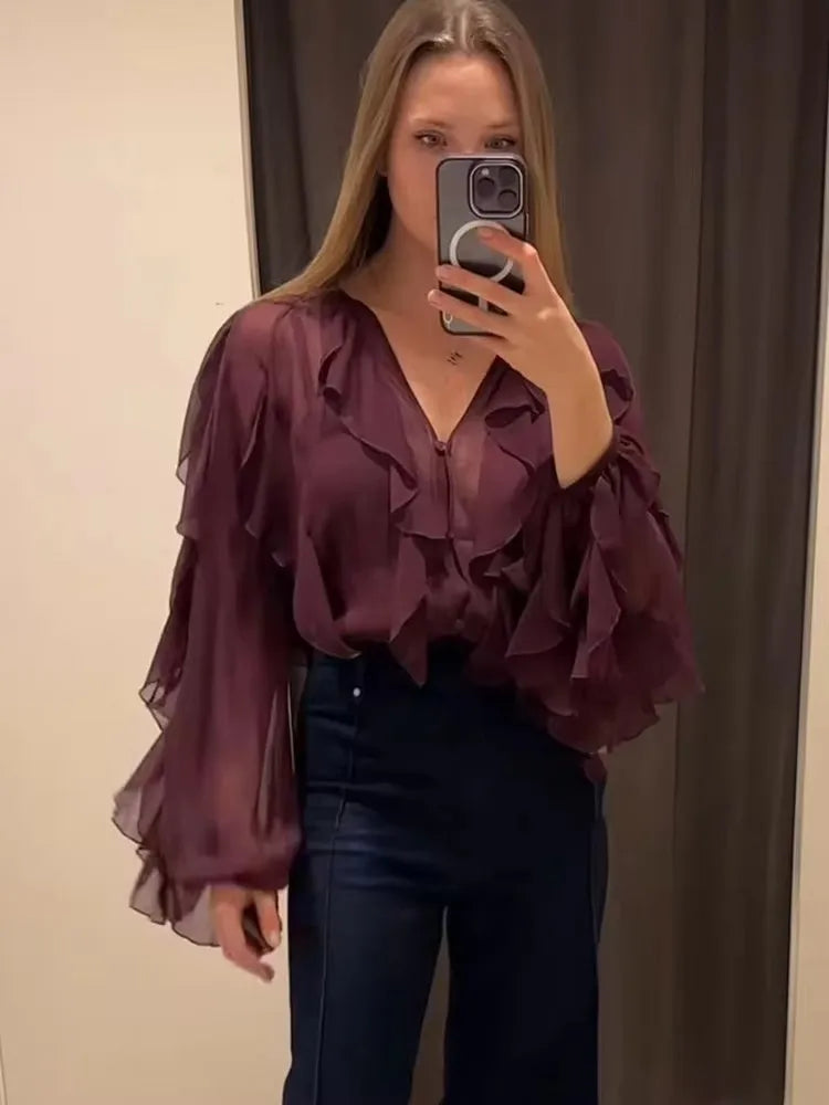 Women’s Translucent Ruffle Blouse | 2025 New Fashion V-Neck Buttoned Tiered Casual Beach Top