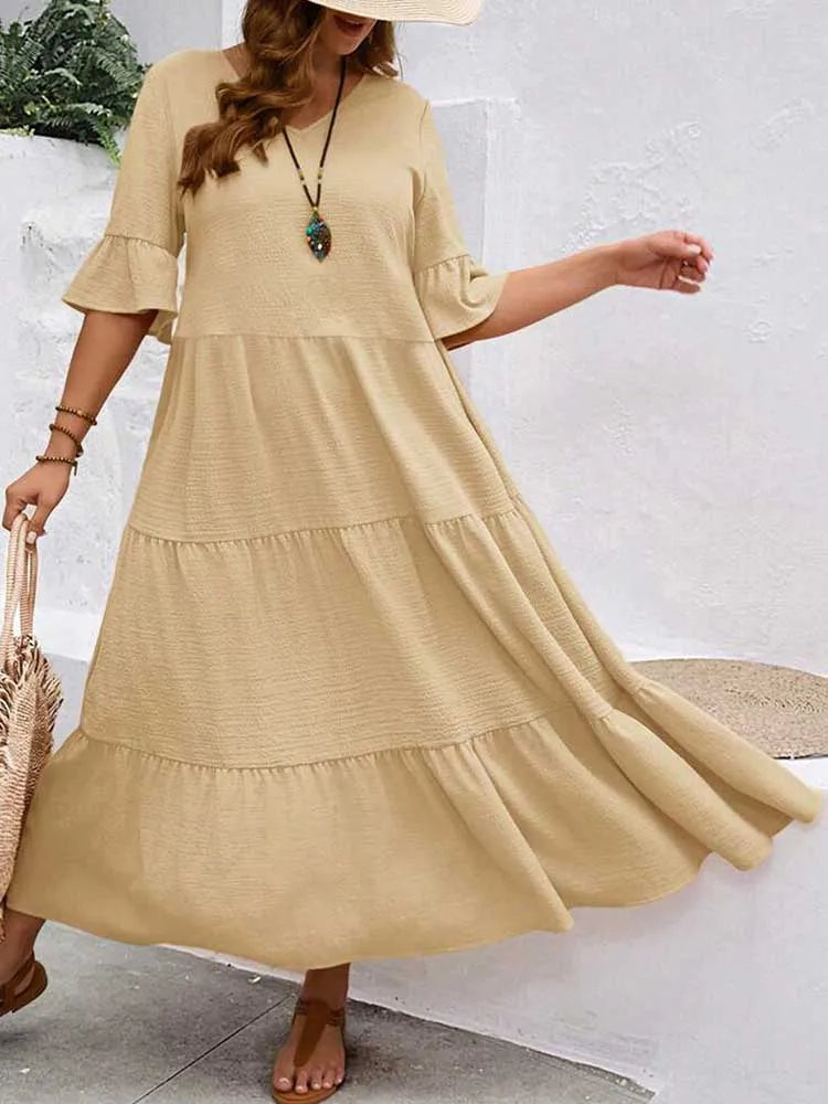 Plus Size Solid Color Bohemian Maxi Dress – Elegant Summer Fit and Flare