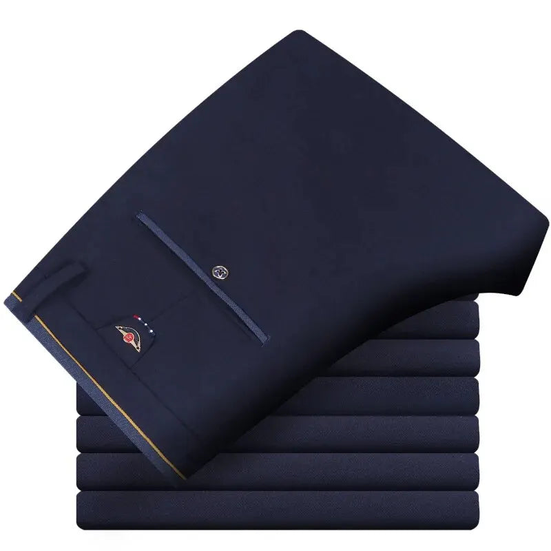 Men's Elastic Straight Pants Business Casual Long Suit Pants Male Formal Trousers Solid Colours – Black & Blue