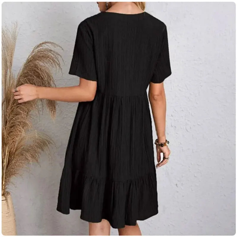 Women's Peplum V-Neck Summer Dress – Short Sleeve Loose Waist Ruffle Fit & Flare Vocation Style