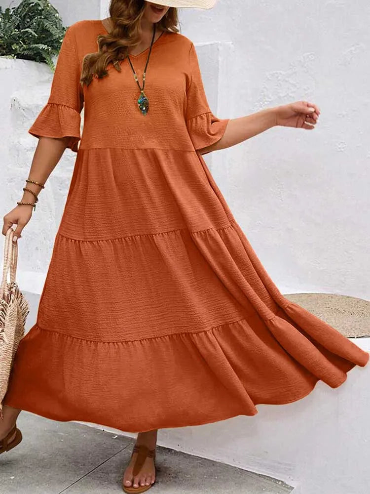 Plus Size Solid Color Bohemian Maxi Dress – Elegant Summer Fit and Flare
