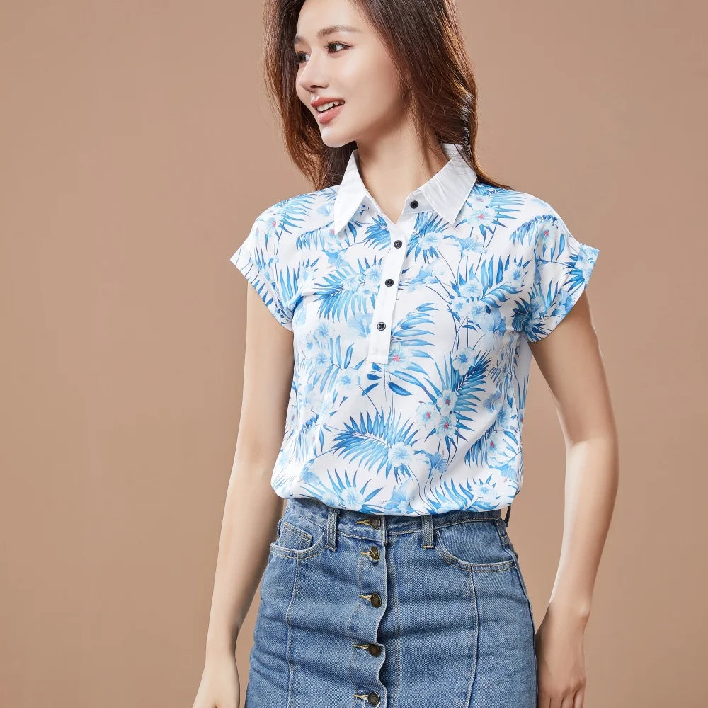 Women’s Spring Summer Chiffon Blouse – Casual Printed Short Sleeve Turn-Down Collar Loose Top