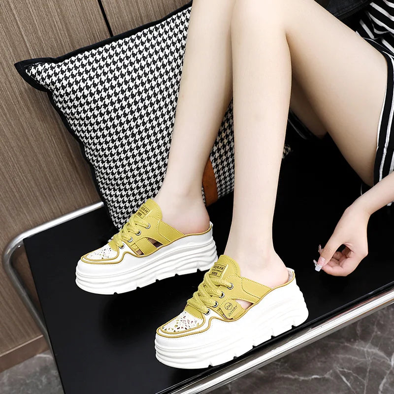 2025 Spring/Summer Women's Baotou Slippers – Thick Sole Muffin Style Small White Half Slippers