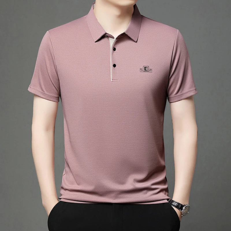 Men's Business Casual Polo Shirt – Short Sleeve Solid Colour with Badge