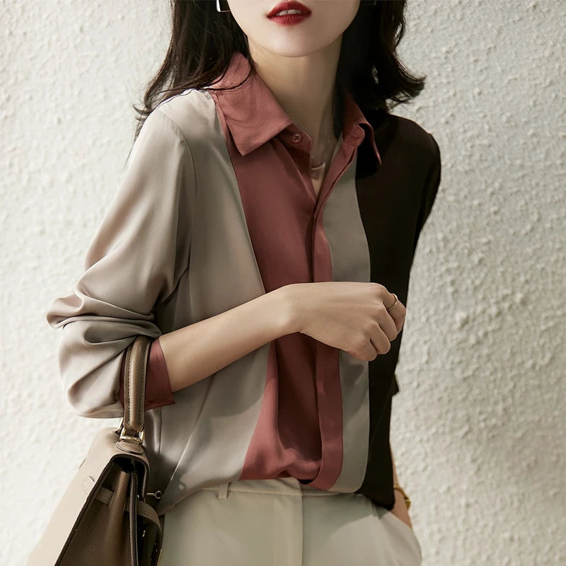 Spring Vintage Satin Women’s Blouse – Long Sleeve Polo Collar Button Shirt, Elegant Casual Loose Top
