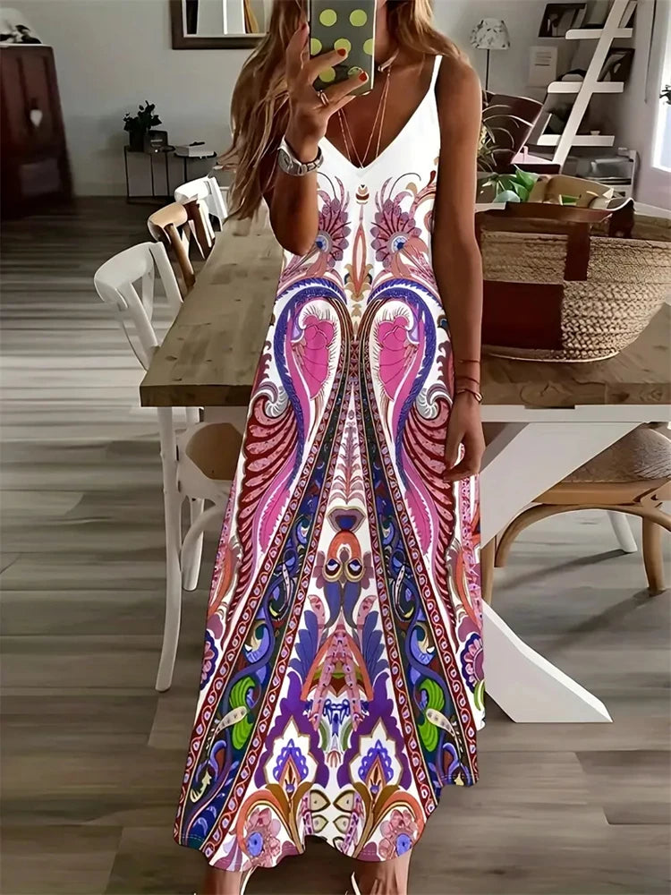 Women's Elegant Vintage Dreamcatcher Print Sleeveless Summer Halter Dress – 2025 Collection