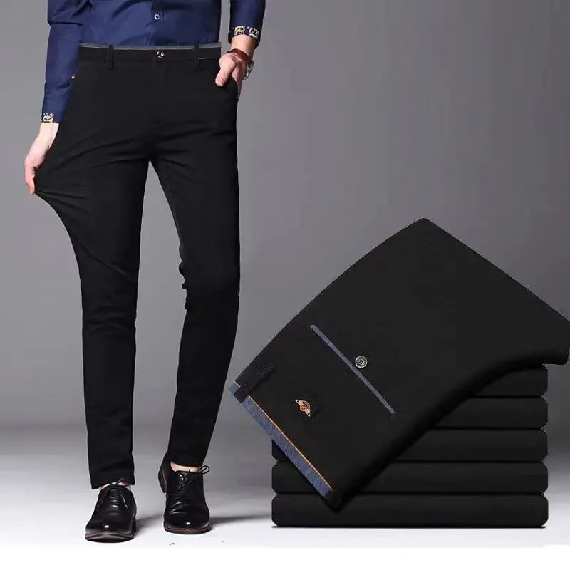 Men's Elastic Straight Pants Business Casual Long Suit Pants Male Formal Trousers Solid Colours – Black & Blue