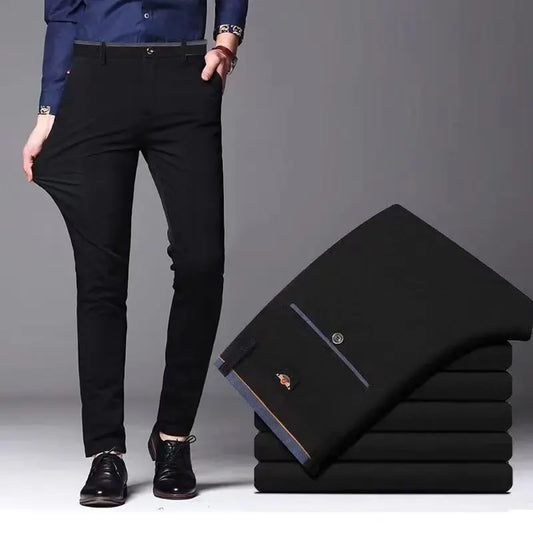 Men's Elastic Straight Pants Business Casual Long Suit Pants Male Formal Trousers Solid Colours – Black & Blue