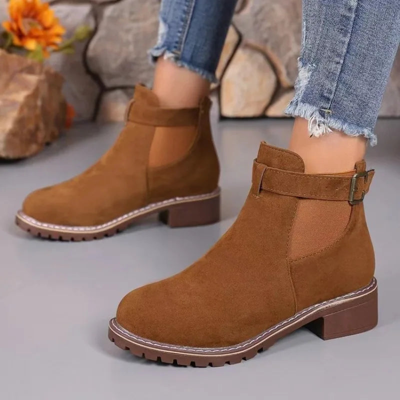 Autumn Winter Women’s Mid Heel Boots – Elegant Round Toe, Square Heel, Versatile Fashion Shoes