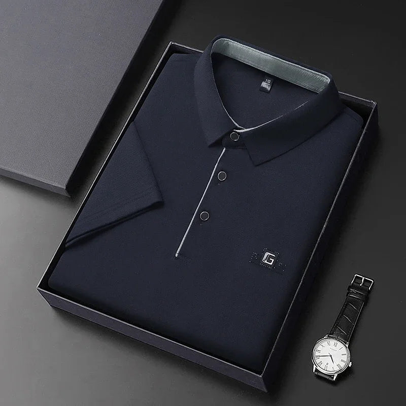 Men's Business Casual Polo Shirt – Short Sleeve Solid Colour with Badge